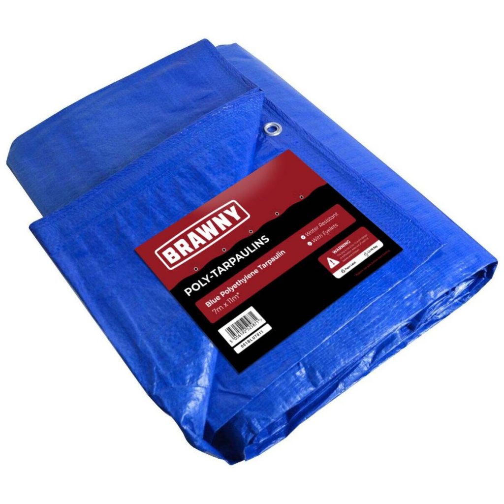 Show thumbnail preview A folded blue poly-tarpaulin with a visible metal grommet on one corner is made of durable, waterproof material and appears new.