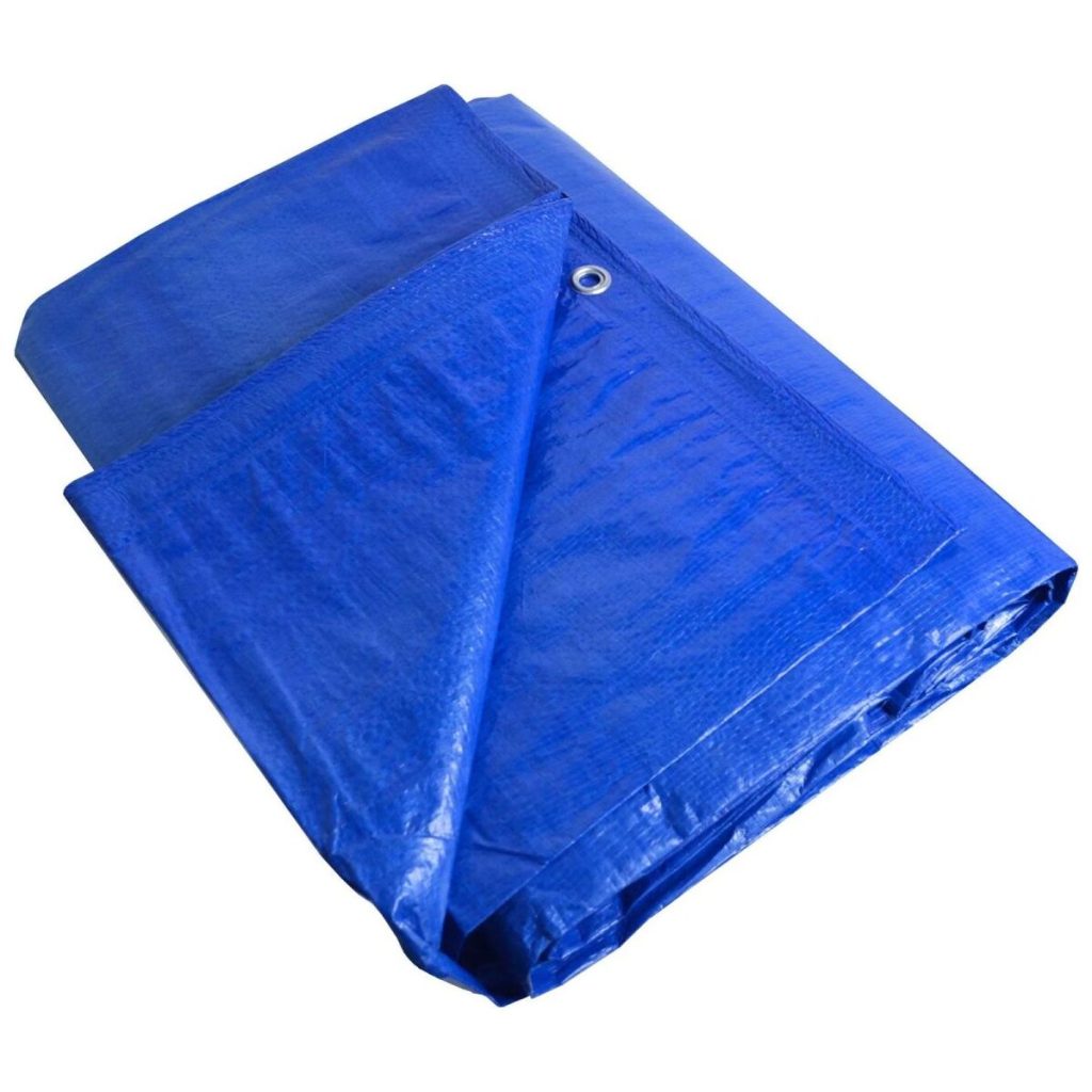 Show thumbnail preview A folded blue poly-tarpaulin with a visible metal grommet on one corner is made of durable, waterproof material and appears new.