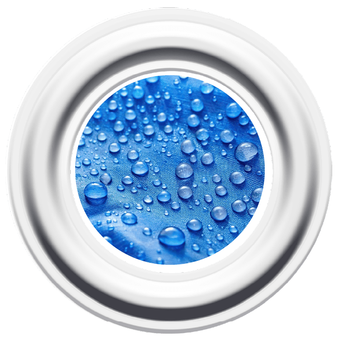 A close-up of water droplets on a blue poly fabric surface, encircled by a white circular frame with an aluminium grommet. The droplets vary in size, creating a textured, reflective pattern against the waterproof tarpaulin background.