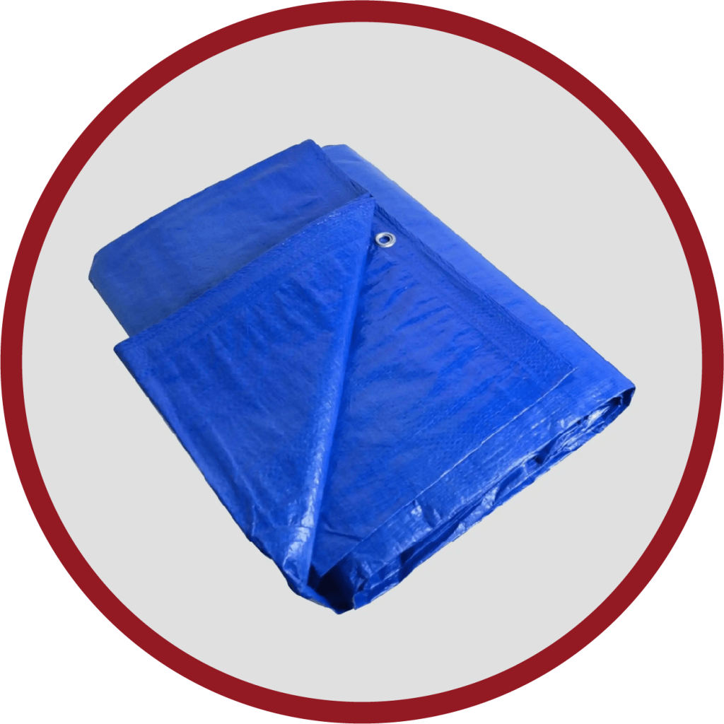 Displayed against a grey background with a red circular border, the folded blue poly-tarpaulin features silver grommets, perfect for waterproof protection.