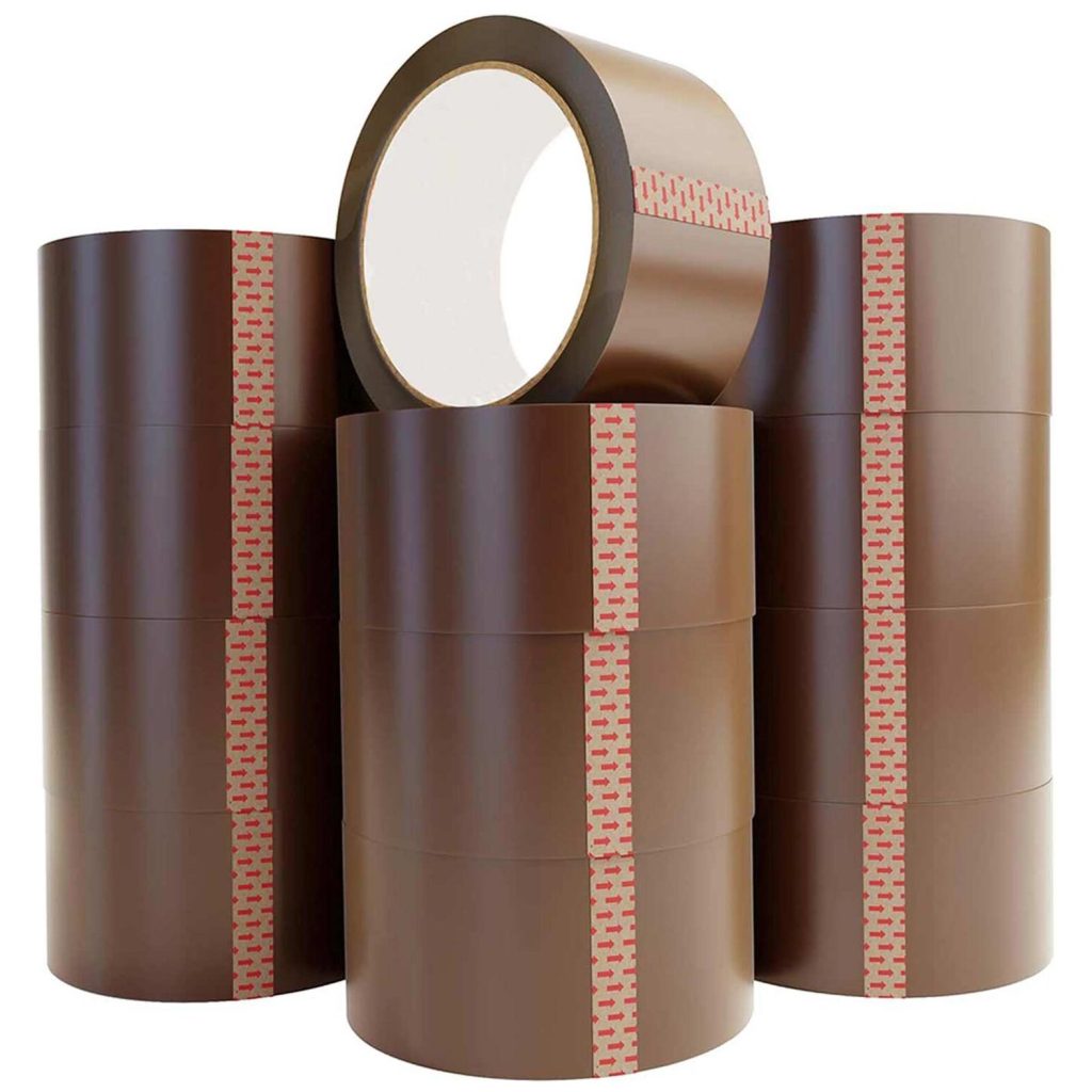 A stack of brown parcel tape rolls is neatly arranged in three rows, each with eight rolls. One roll is placed on top, displaying its inner cardboard core. Red arrow patterns elegantly decorate the strips on each roll.