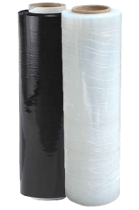 Two rolls of pallet wrap stretch film stand upright side by side. The roll on the left is a black tube, opaque and sturdy. Meanwhile, the roll on the right is a clear tube, transparent in its appearance. Both are supported by durable cardboard cores.