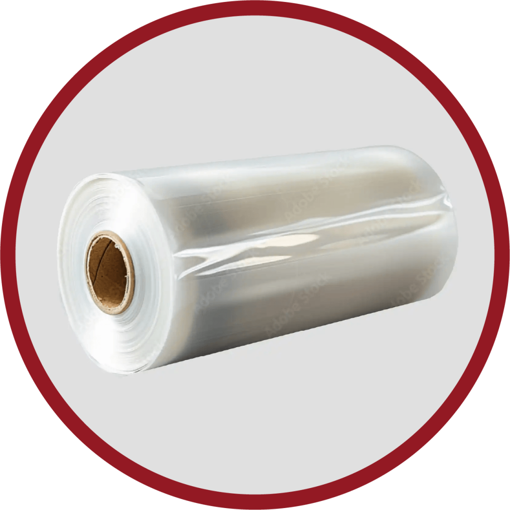 A large roll of clear stretch film with a brown cardboard core is centred on a light grey background, framed by a red circle.